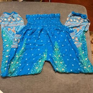 Blue Bohemian Peacock Print Smocked Waist Harem Pants Festival Joggers